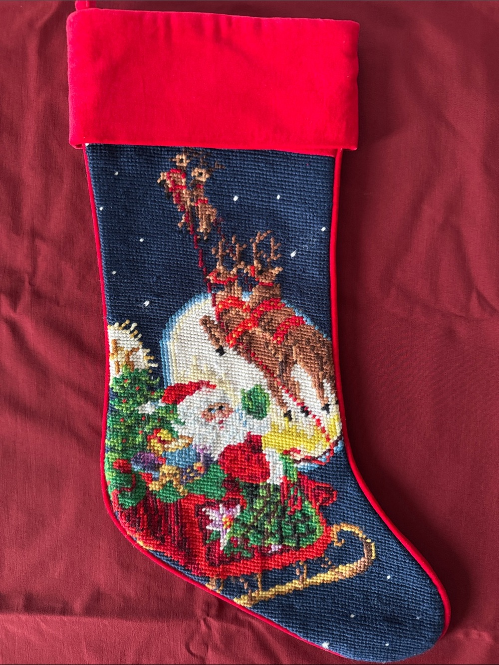 Handmade Needlepoint Christmas Stocking with Santa & Reindeer - Red Trim